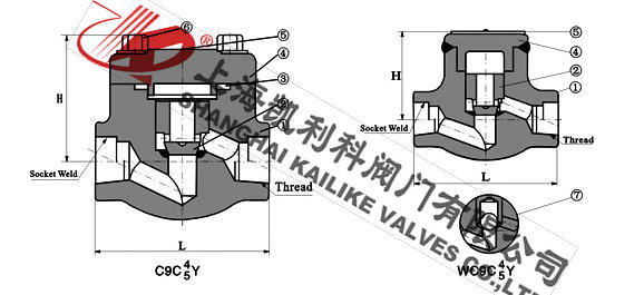 H11Y、H11H內(nèi)螺紋鍛鋼止回閥外形結(jié)構(gòu)圖